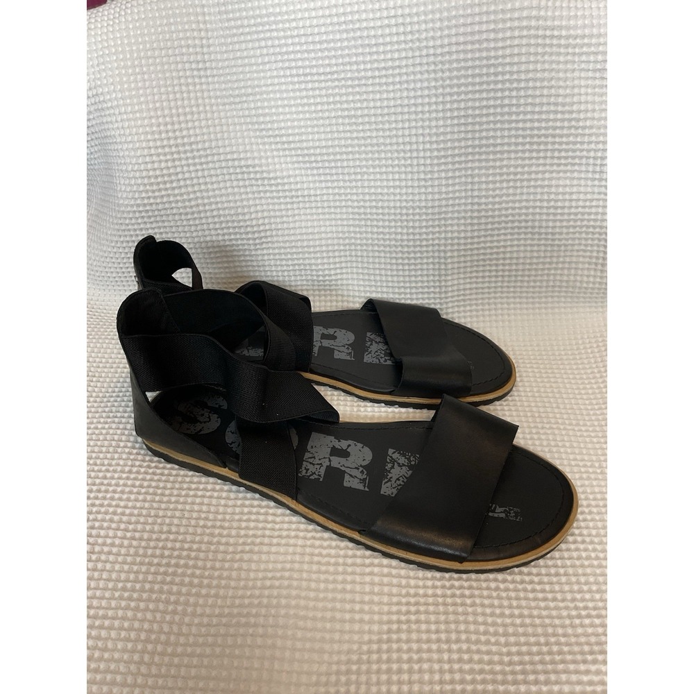 New SOREL ELLA Black Leather Gore Straps Women's Flat Sandals  sz 11 M